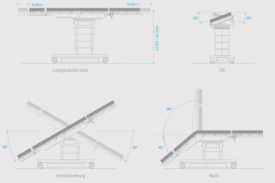 Infinium ST500E surgical table motion diagrams: longitudinal slide, lateral tilt, Trendelenburg, and back section