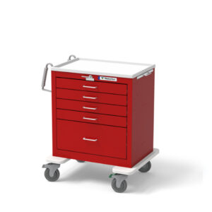Medical 5-Drawer Short Emergency Cart – Steel Frame, Red, Lever Lock