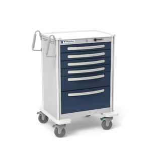Medical 6-Drawer Tall Aluminum Medical Cart – Light Gray Frame with Dark Blue Drawers & Push-Button Lock