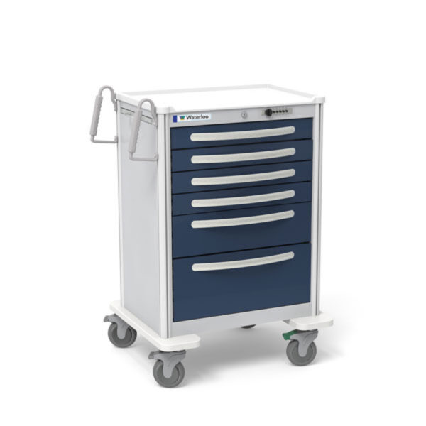 Medical 6-Drawer Tall Aluminum Medical Cart – Light Gray Frame with Dark Blue Drawers & Push-Button Lock