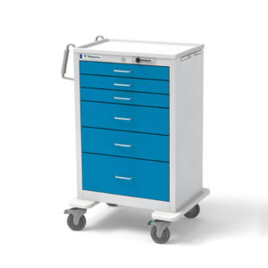 Medical 6-Drawer X-Tall Steel Medical Cart – Light Gray Frame with Electric Blue Drawers & Push-Button Lock
