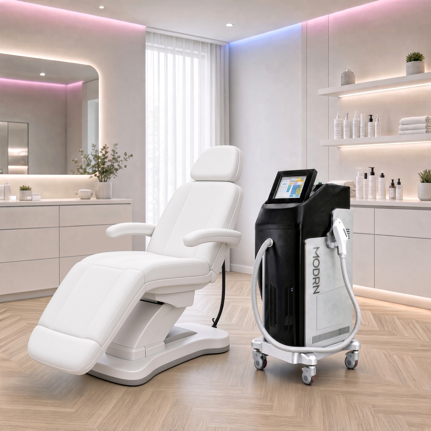 SM Aesthetic Laser cart beside a treatment chair in an aesthetic clinic room