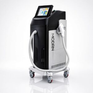SM Aesthetic Laser console with touchscreen and handpieces on a wheeled cart, white background