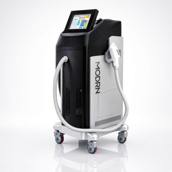 SM Aesthetic Laser console with touchscreen and handpieces on a wheeled cart, white background